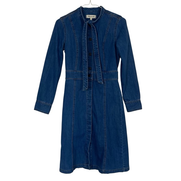 NWT Madewell Denim Tie-Neck Button Front Midi Shirt Dress Long Sleeve Size 00 - Picture 13 of 13